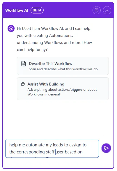 Workflow AI assistant interface showing virtual employee automation for lead assignment and workflow building