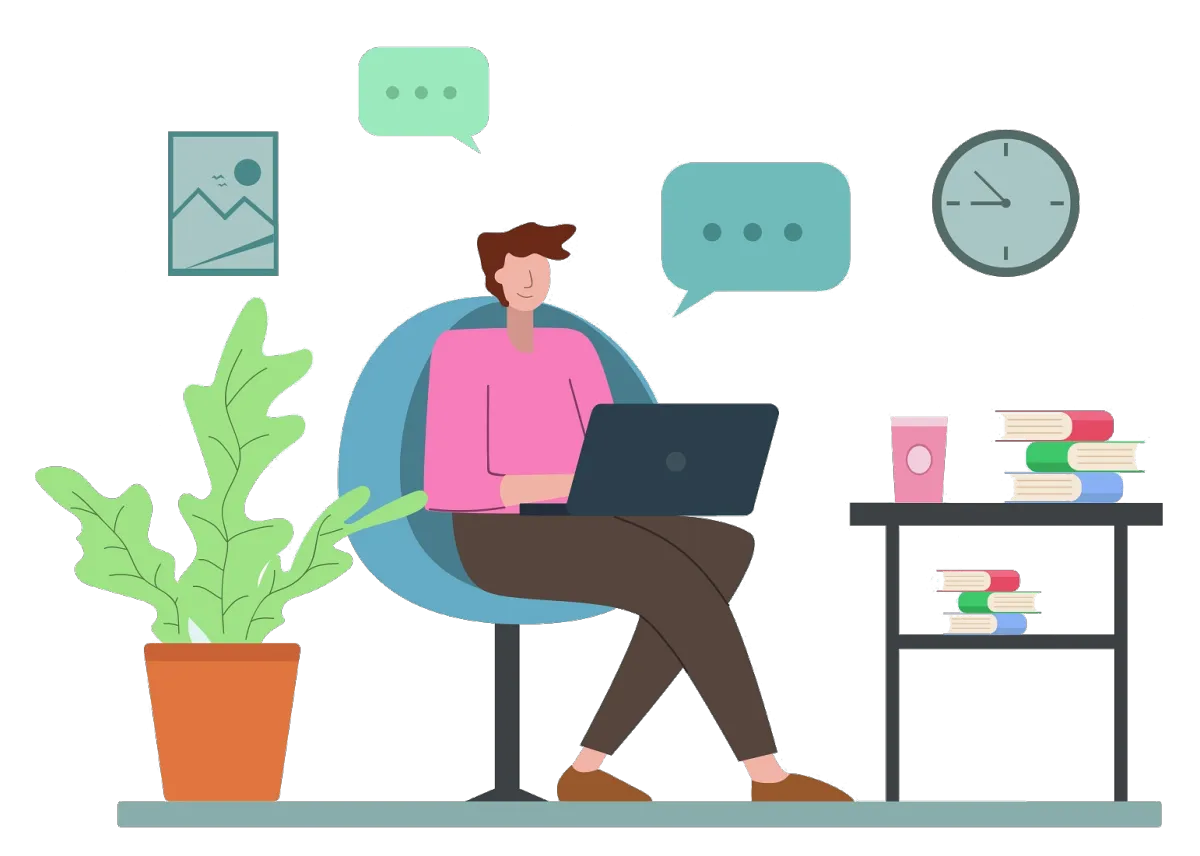 Illustration of a person working on a laptop with chat bubbles, symbolizing SMS for business, cloud phone system communication, and customer engagement tools.