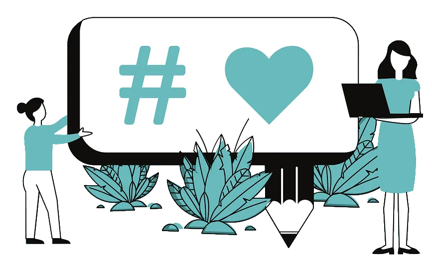 Illustration of two people using digital communication tools with a hashtag and heart icon, symbolizing SMS marketing, business SMS, and cloud phone system engagement.