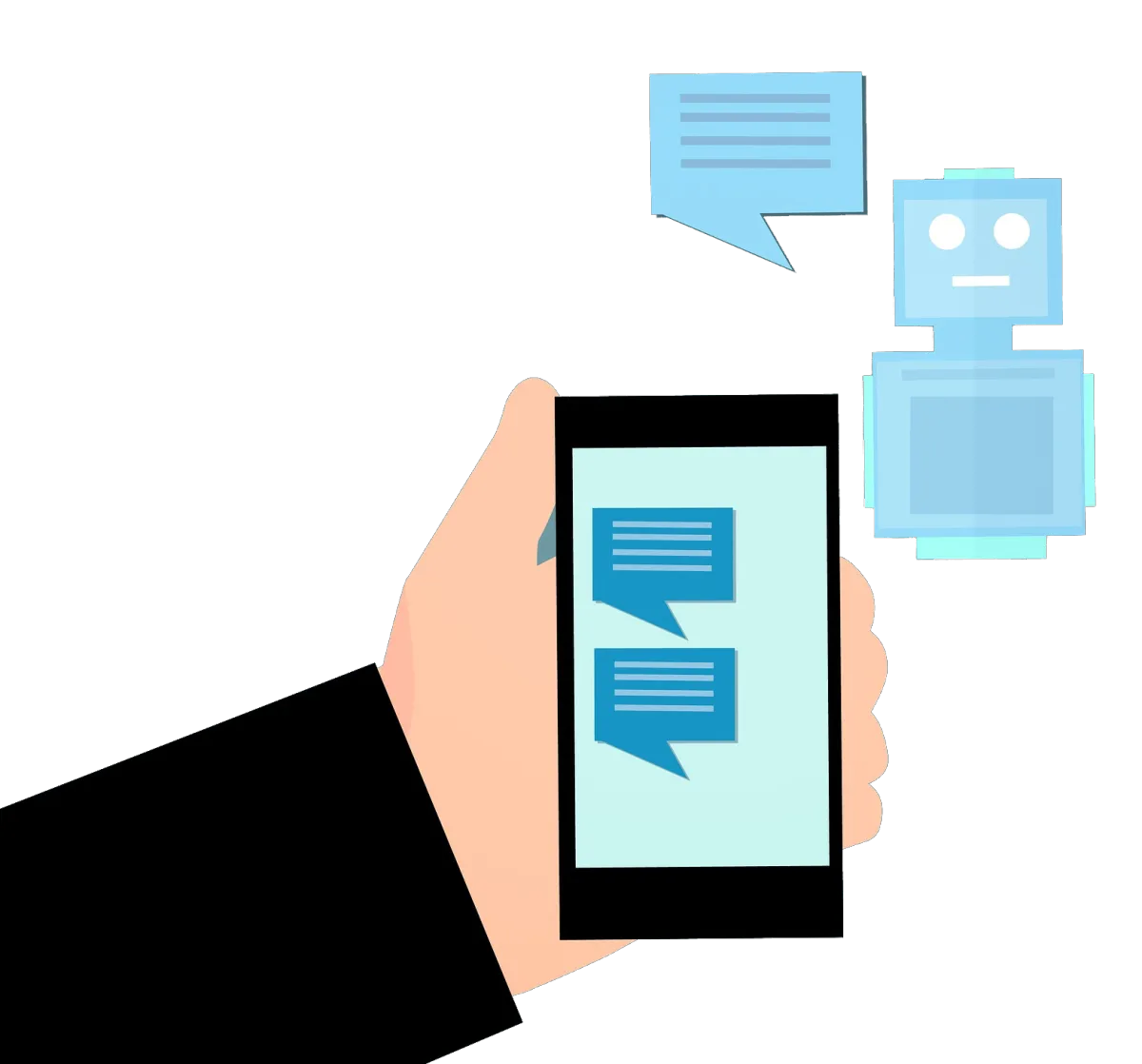 Illustration of a hand holding a smartphone with chat messages and a chatbot icon, representing SMS for business, automated text marketing, and AI-powered cloud phone system features.