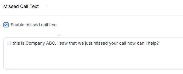 Screenshot of a missed call text automation feature, showing how business SMS and SMS for business can automatically respond to missed calls.