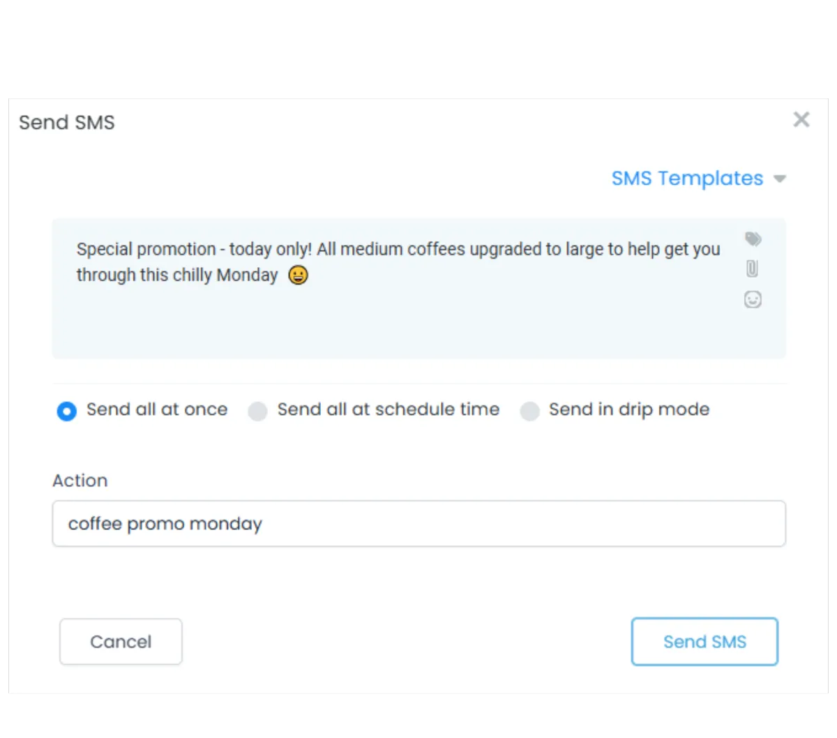 Screenshot of an SMS marketing campaign setup showing a coffee shop promotion, highlighting business SMS, text marketing, and SMS for business tools.