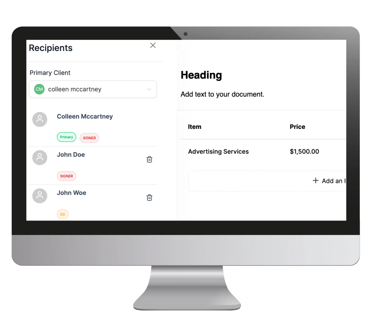 Computer screen displaying contract management software with recipient list, client details, and a document editor for adding items, pricing, and electronic signatures.