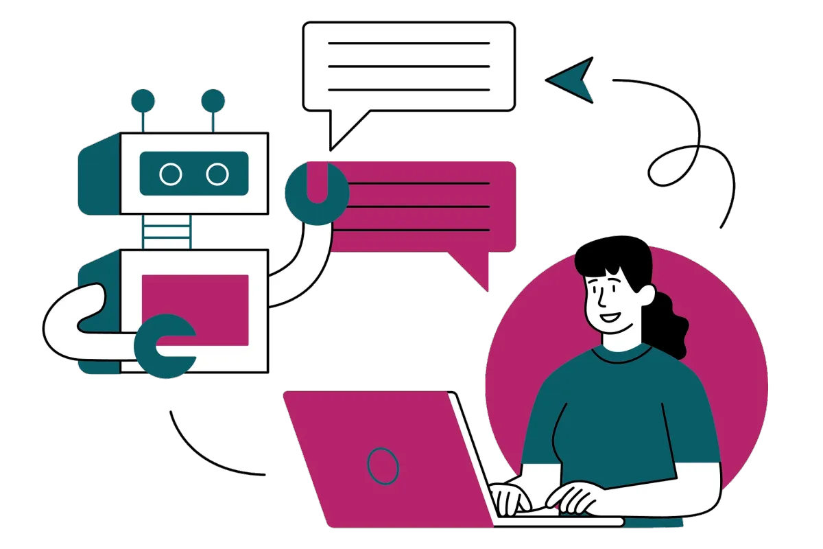 Illustration of chatbot automation assisting a small business owner on laptop, representing CRM software and customer experience automation.