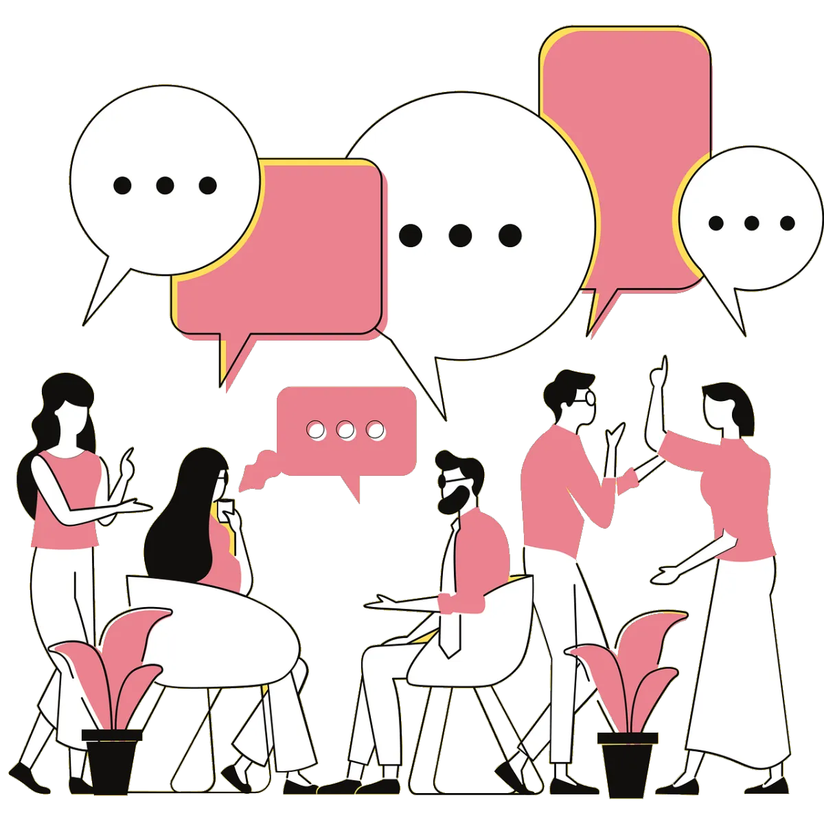 Illustration of business team collaboration with speech bubbles, symbolizing affiliate management, referral marketing, and communication in an all-in-one CRM platform.