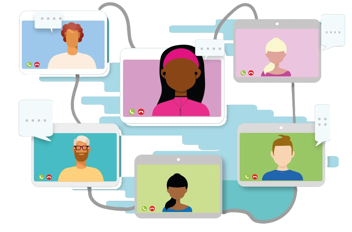 Illustration of diverse people on video call screens connected by chat bubbles, representing affiliate program management, referral networks, and CRM communication.