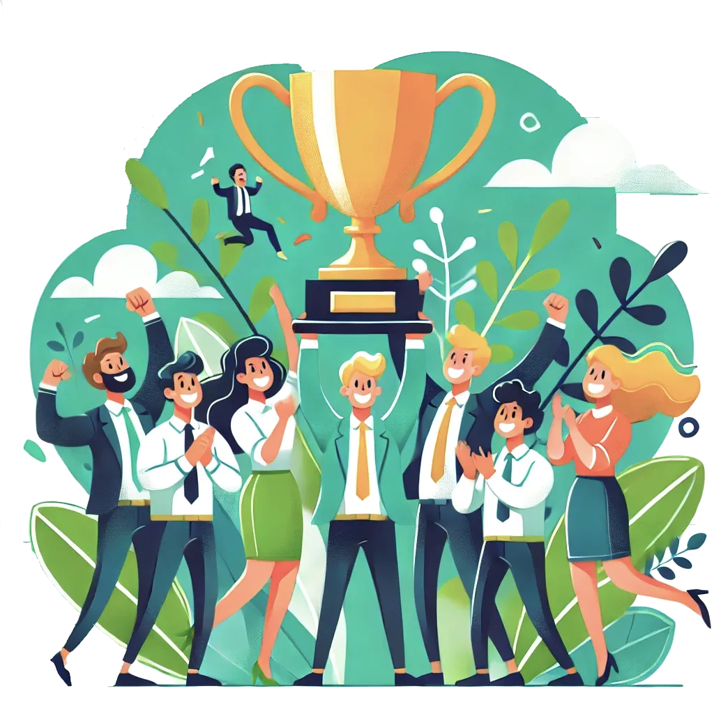 Team celebrating success with a large trophy, symbolizing affiliate program management, referral rewards, and business growth through affiliate marketing software.