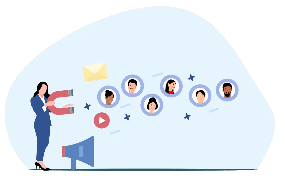 Businesswoman using a magnet to attract customers, symbolizing lead generation, referral management, and affiliate marketing program growth.