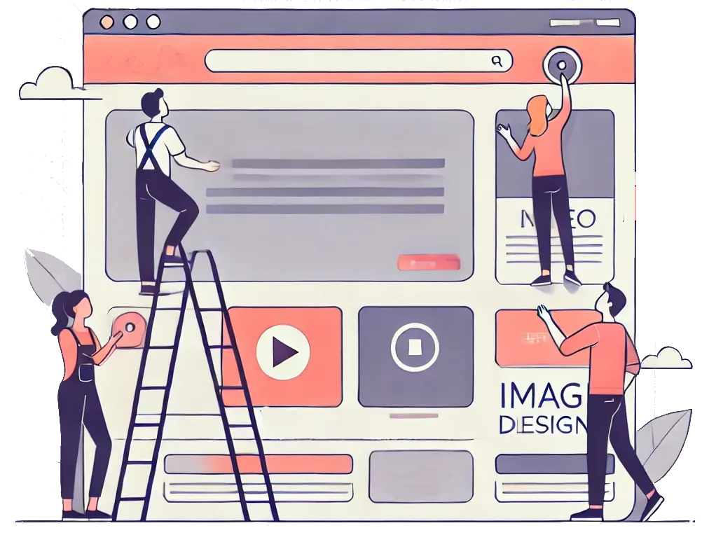 Illustration of a team designing a blog website interface with content blocks, icons, and layout tools, symbolizing a blog builder and content hub for creators.