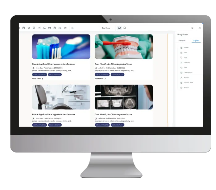 Computer screen displaying a blog platform dashboard with dental health articles, showing content manager tools for blog templates, publishing, and SEO optimization.