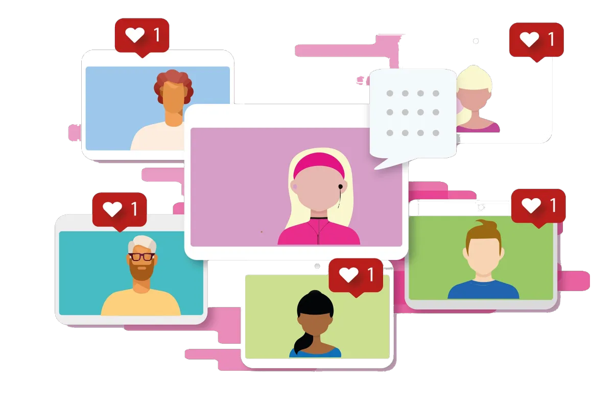 Illustration of diverse content creators and online community members with social media likes and comments, representing blog engagement, audience growth, and content marketing.