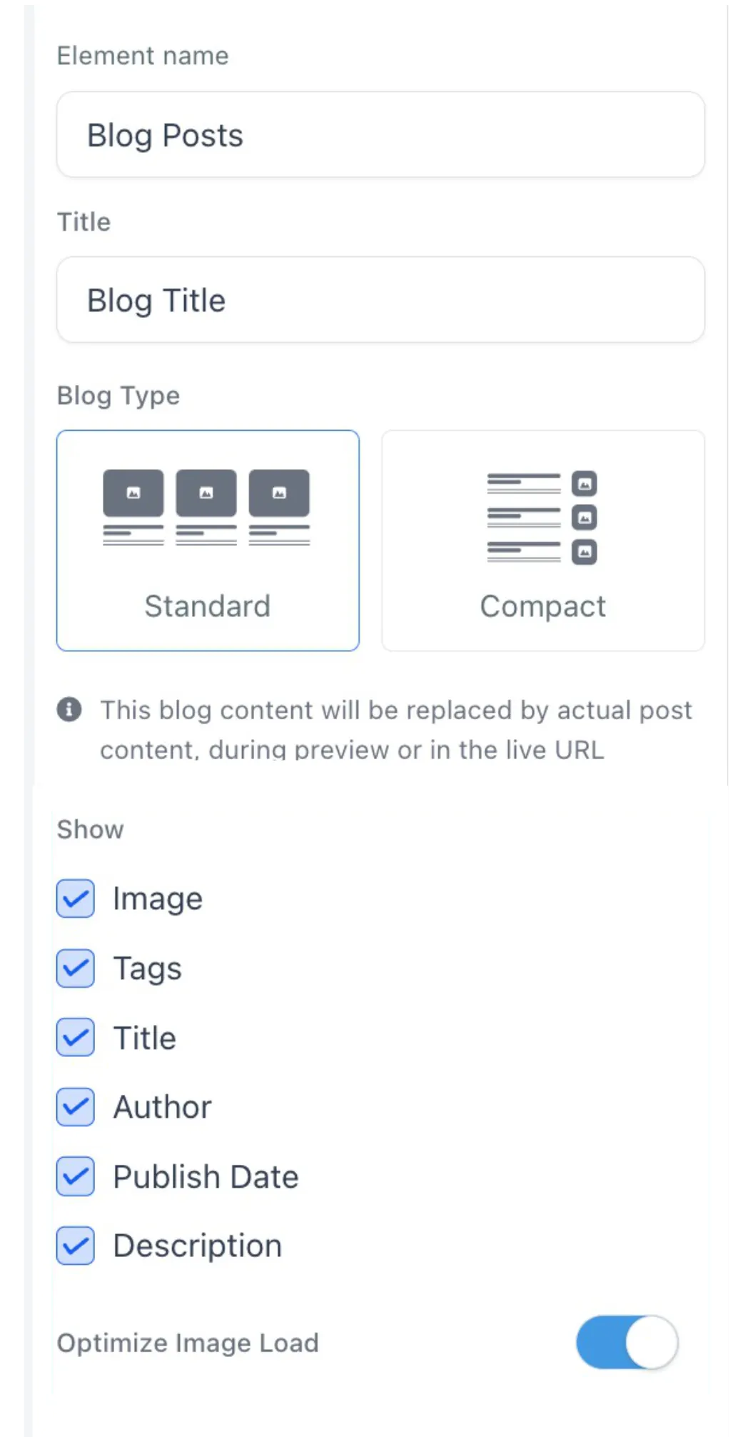 Screenshot of a blog platform content manager showing blog post settings with options for layout, tags, author, publish date, and description customization.
