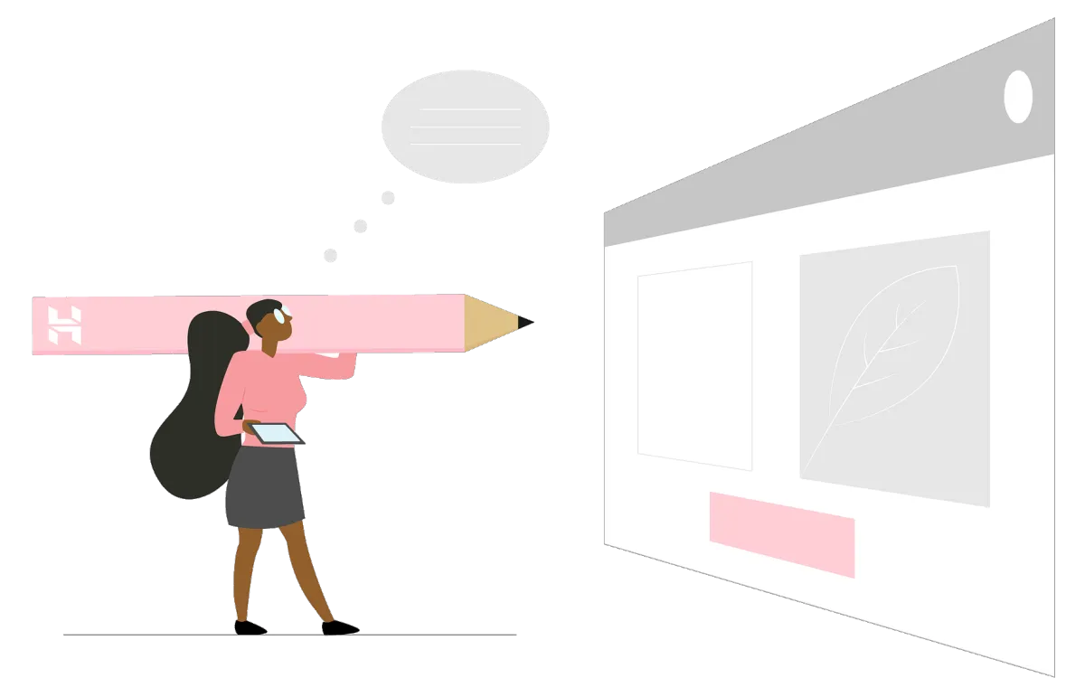 Illustration of a woman content creator holding a giant pencil while designing a blog website, symbolizing blog builder tools and creative content management.