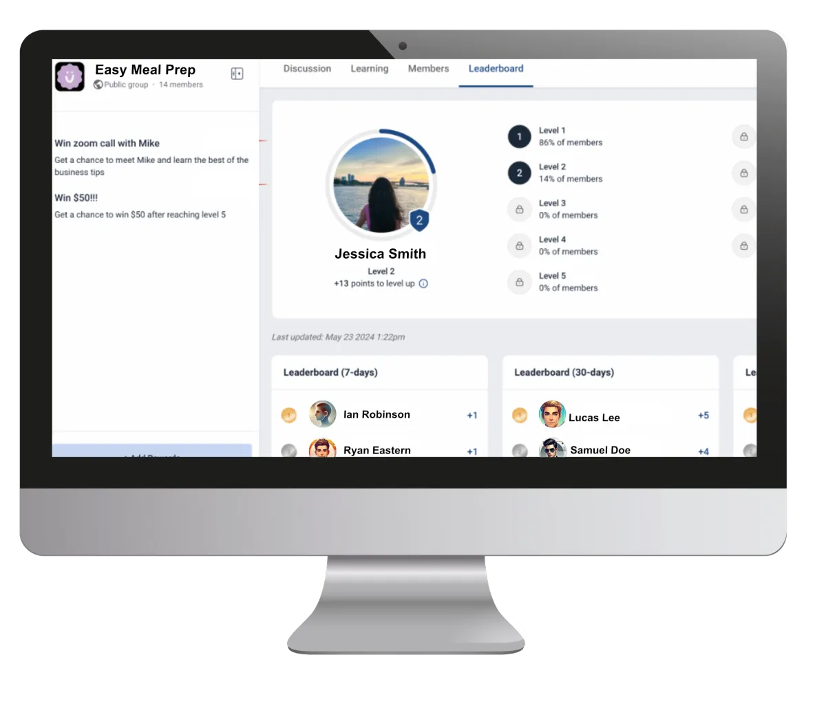 Computer screen showing a community management software dashboard with member leaderboard, discussions, and engagement tools in an online community platform.