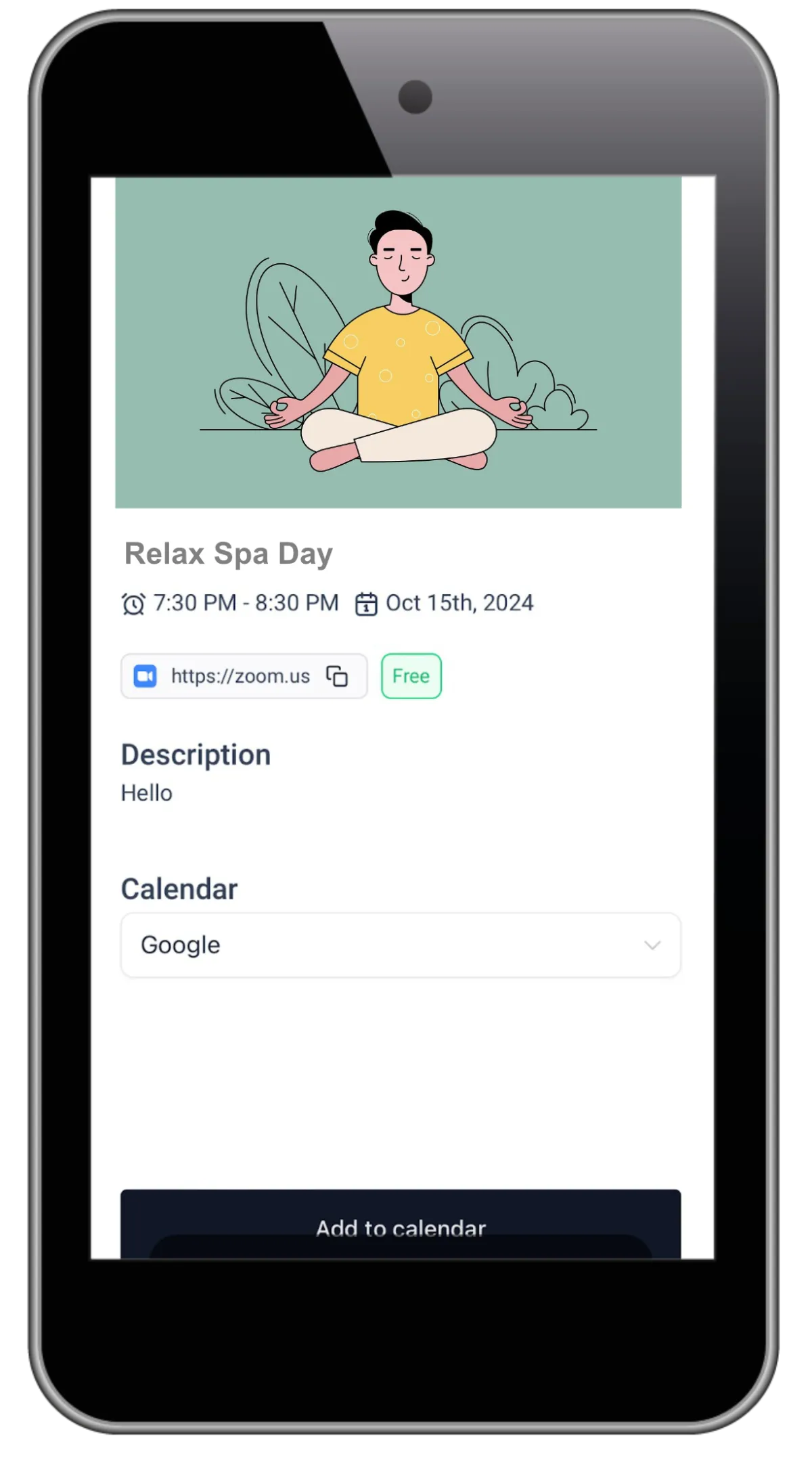Mobile view of an online community platform event page showing a Relax Spa Day with calendar integration and RSVP features for members.
