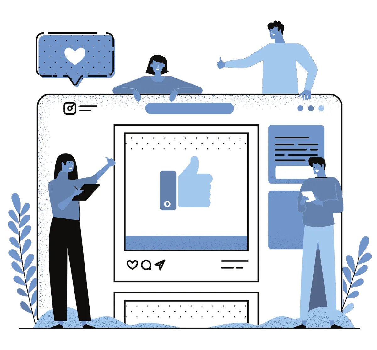 Illustration of members engaging on an online community platform with likes, comments, and interaction tools.
