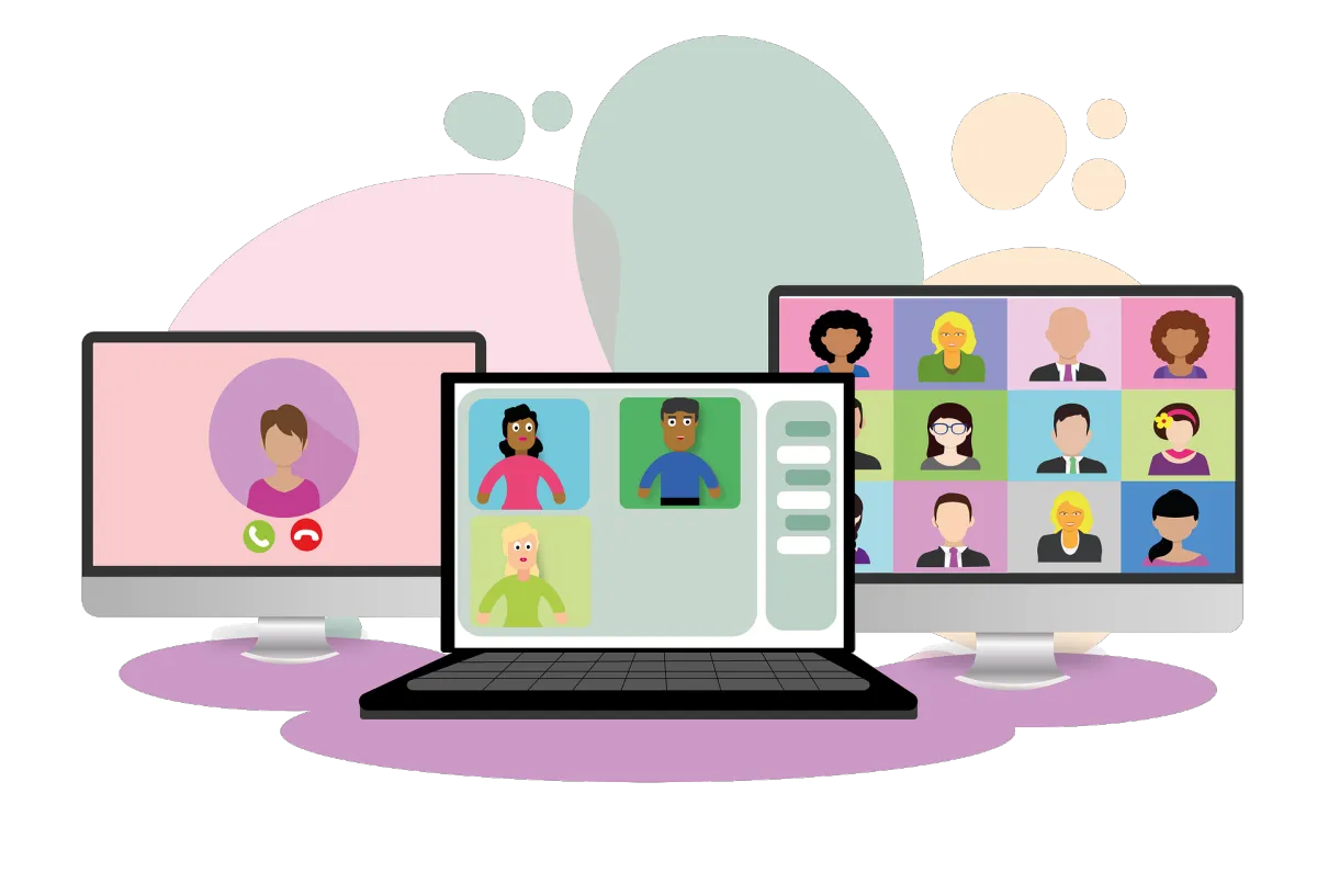 Illustration of virtual events and video meetings hosted on an online community platform with group activities and member engagement.