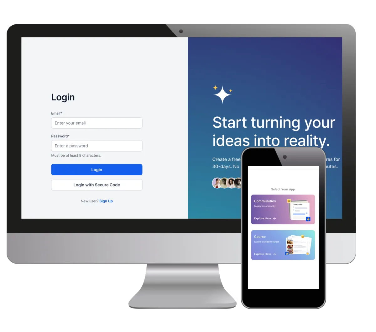 Computer and mobile login screens for small business software user portal, showcasing CRM tools and customer access