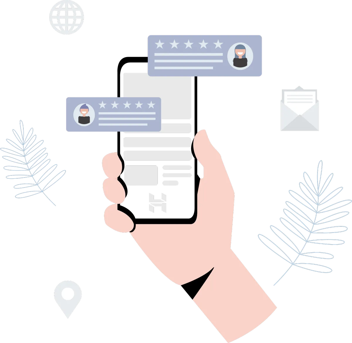 Hand holding smartphone with customer reviews, representing CRM user portal and small business management software tools
