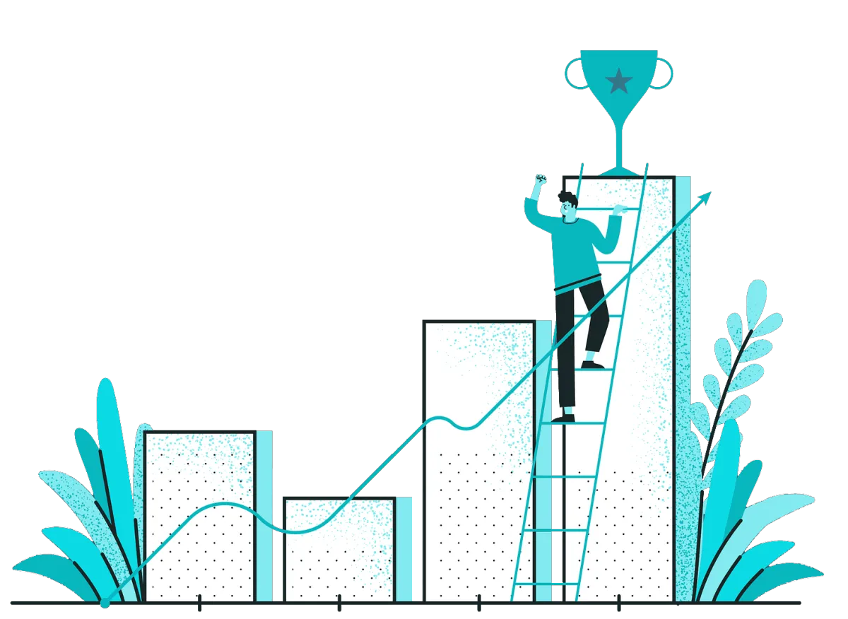 Illustration of business growth chart with person reaching a trophy, symbolizing success through CRM tools and small business software