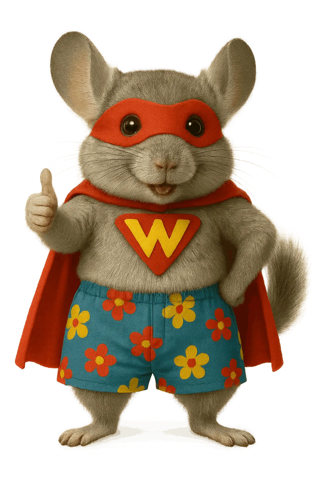 WinChilla chinchilla mascot in superhero costume giving a thumbs up, symbolizing confidence in CRM software and small business management solutions.