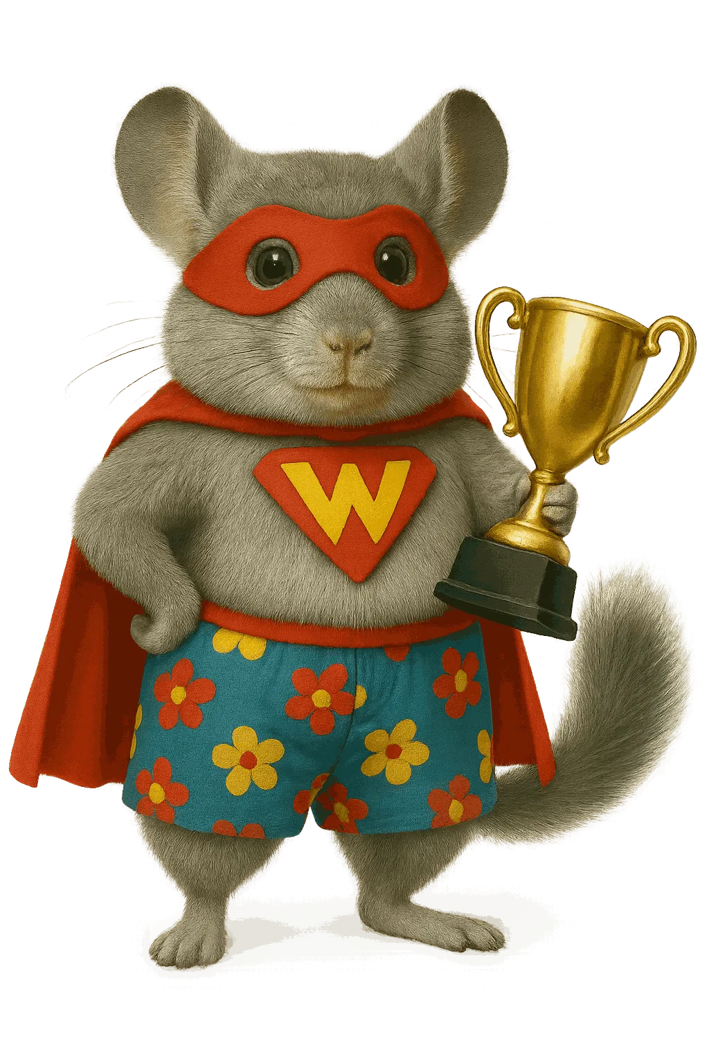 Chinchilla mascot in superhero costume holding a trophy, representing WinChilla’s all-in-one CRM and small business management software for growth and customer success.