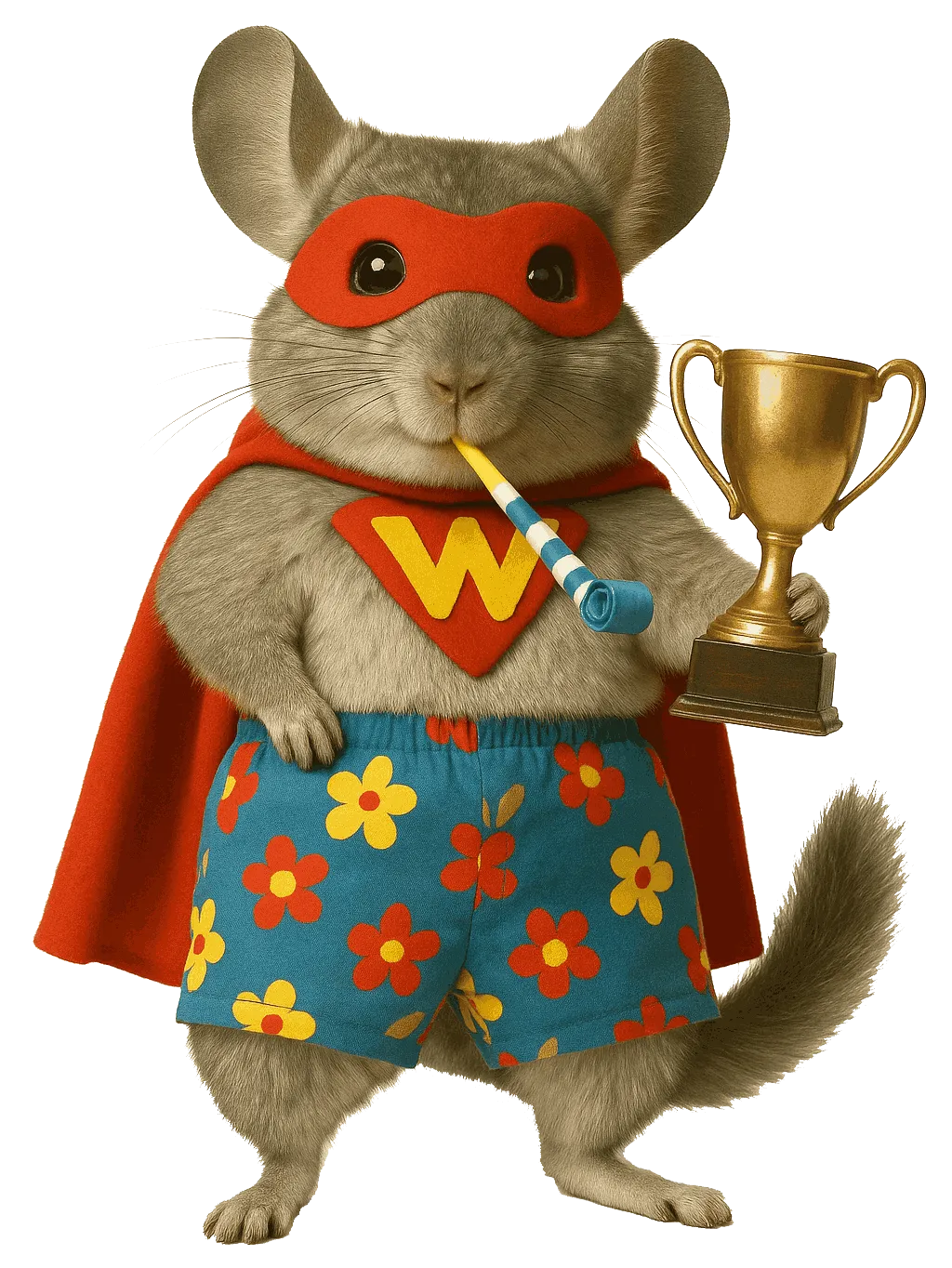 Cute superhero chinchilla mascot in a red cape holding a trophy, symbolizing success, rewards, and winning with the best recurring affiliate programs and small business CRM software.