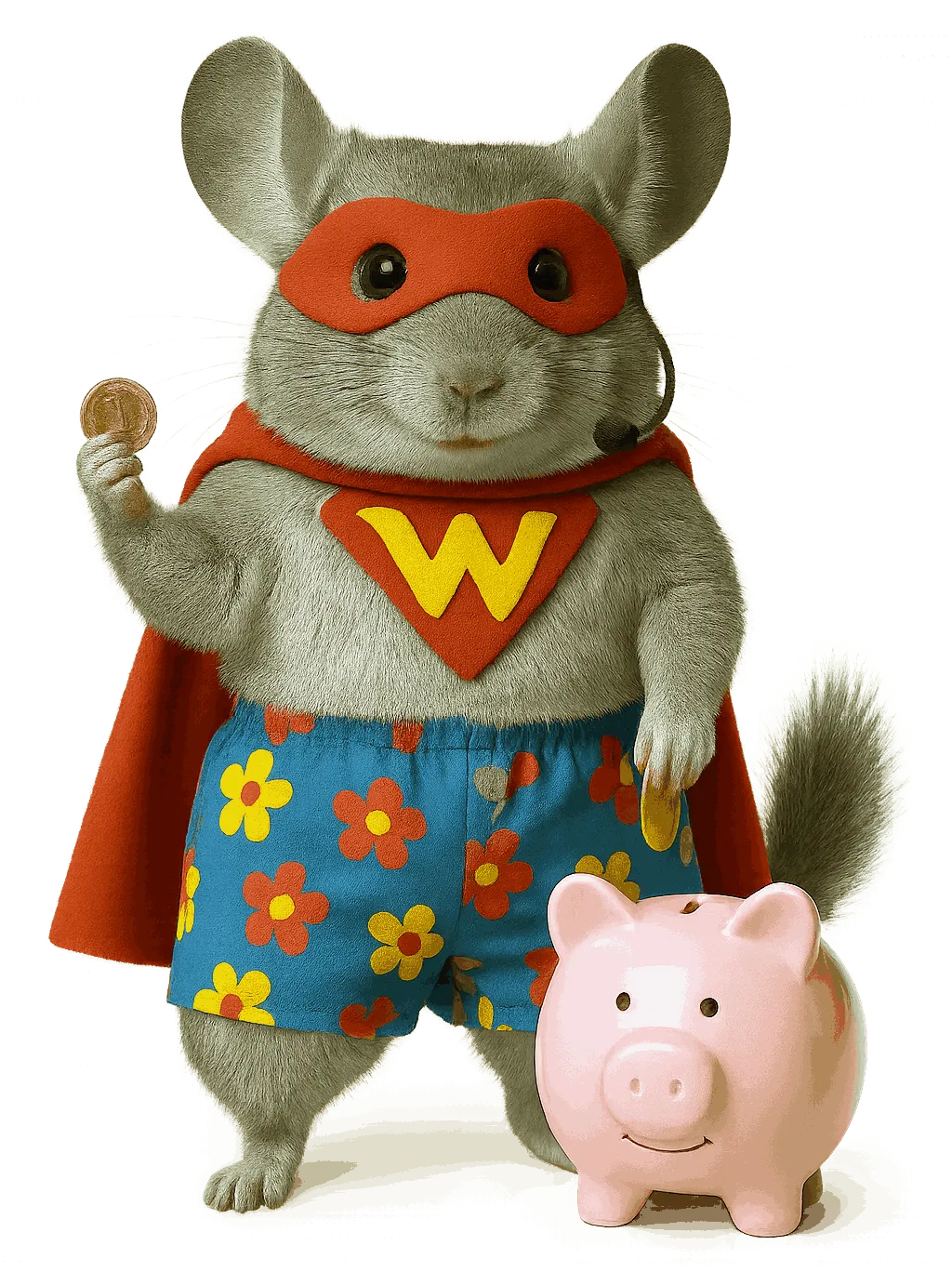 Superhero chinchilla mascot wearing cape and floral shorts holding a coin with a piggy bank, symbolizing inexpensive CRM and small business savings.