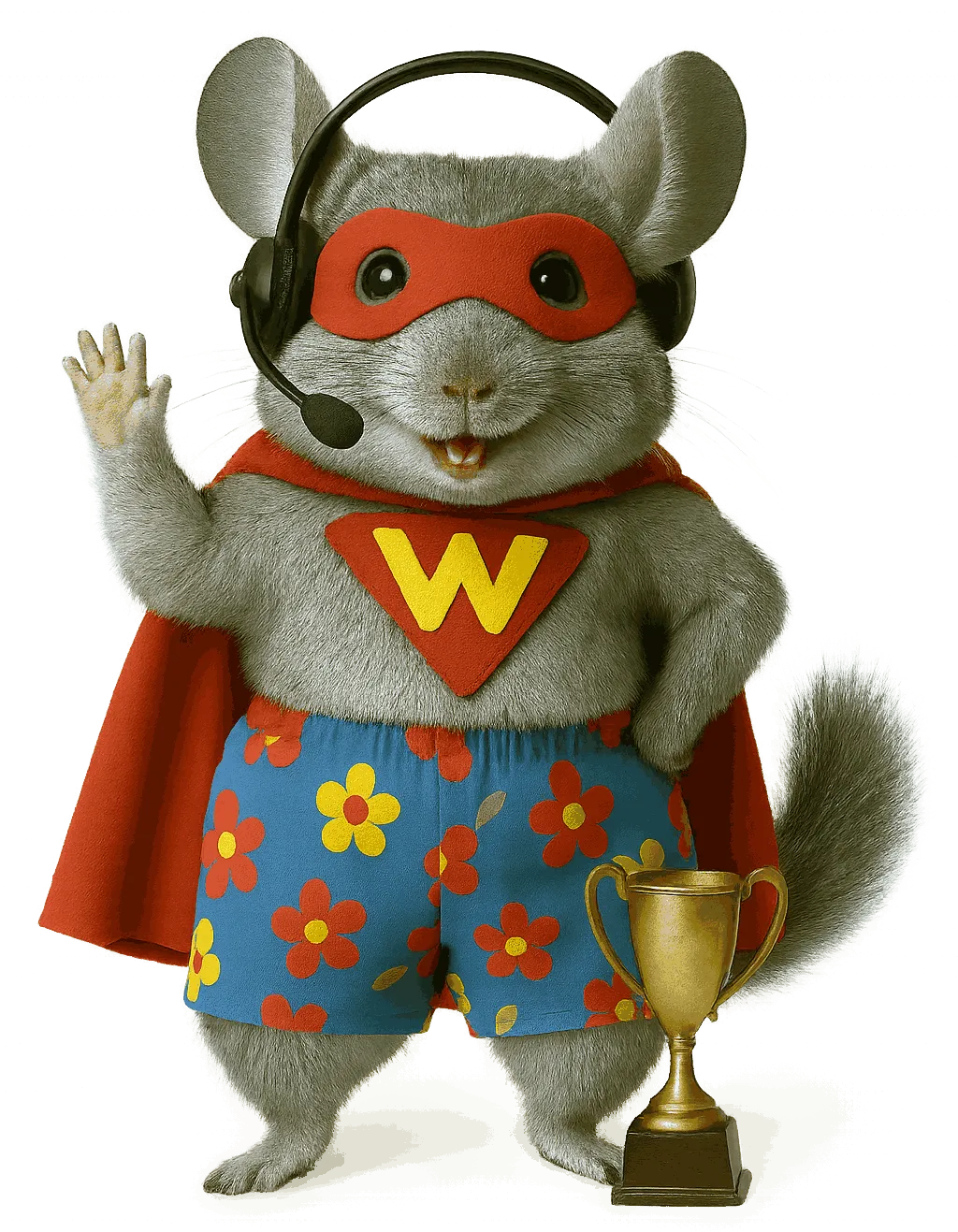 Chinchilla mascot in superhero costume holding a trophy, representing WinChilla’s all-in-one CRM and small business management software for growth and customer success.