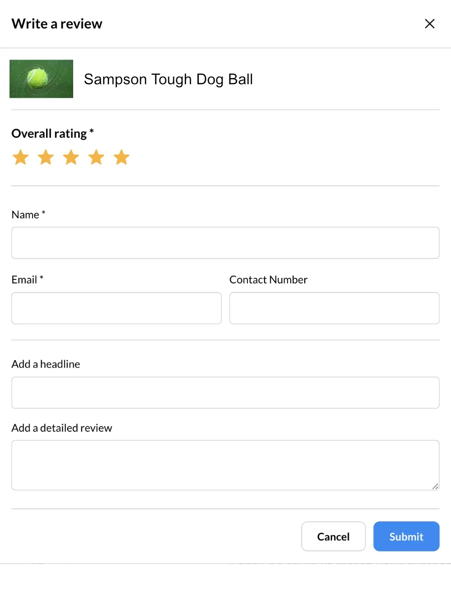 Ecommerce product review form with star rating, name, email, and text fields for headline and detailed review, helping build trust and customer feedback.