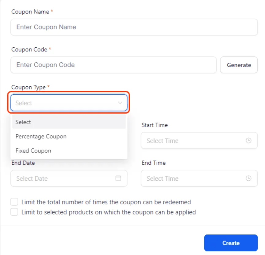 Ecommerce platform coupon creation dashboard showing fields for coupon name, code, type, start and end date, with options for percentage or fixed discounts.