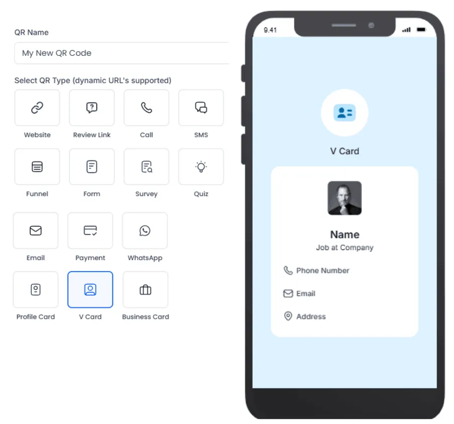 Mobile app interface showing creation of a business QR code for payments, contact sharing, and marketing, including options like V Card, email, and landing pages.