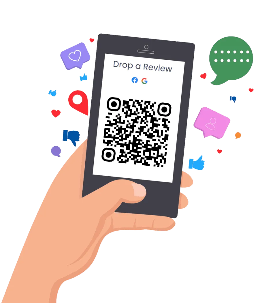 Hand holding a smartphone with a QR code for leaving business reviews, illustrating branded QR codes that boost customer engagement and online reputation.