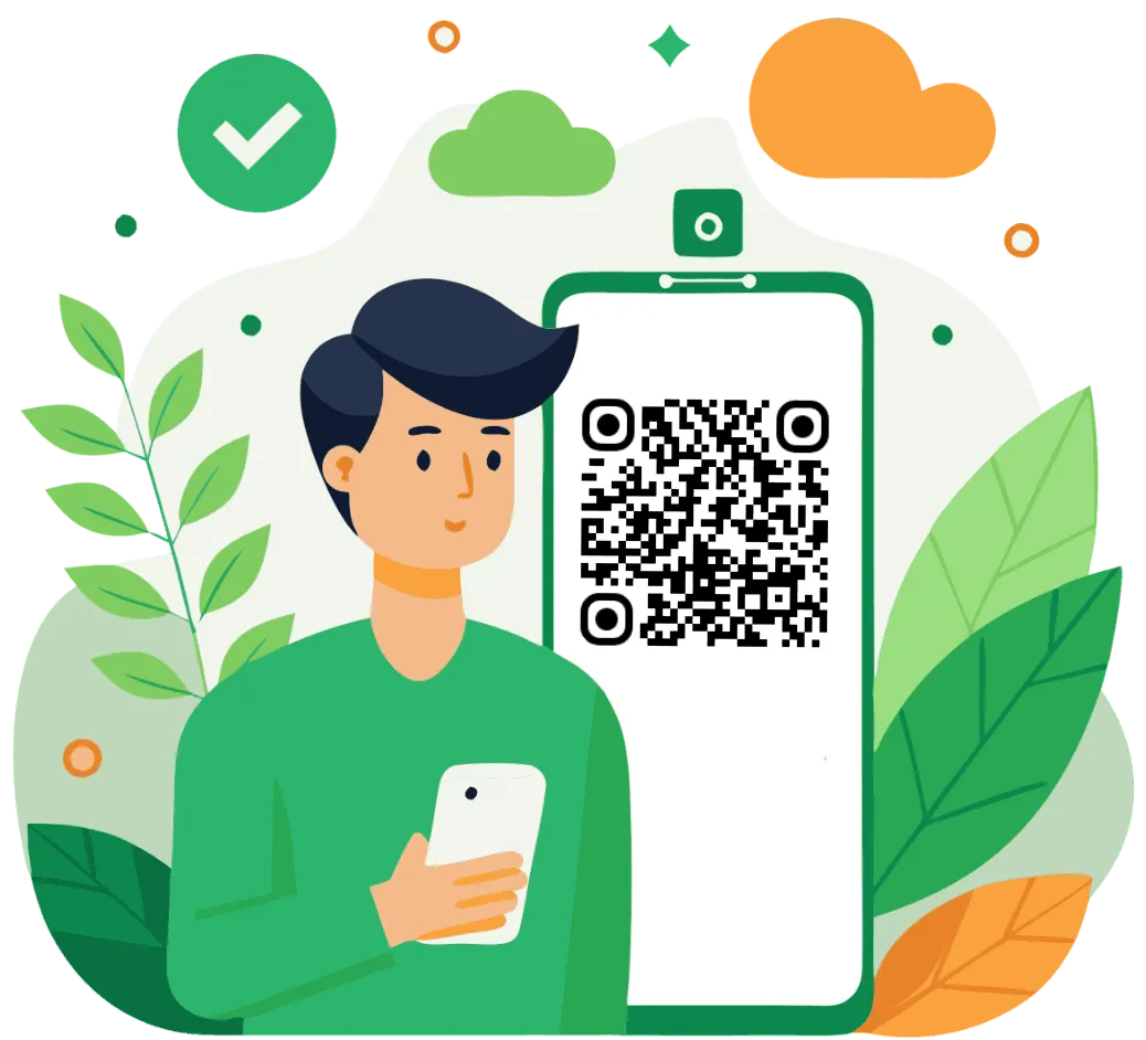 Illustration of a customer scanning a branded business QR code on a smartphone, symbolizing digital engagement, QR code payments, and marketing connectivity.
