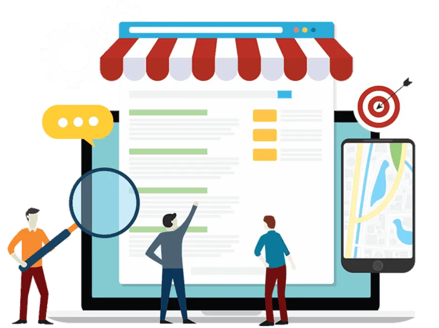 Illustration of marketers analyzing digital ads with magnifying glass and map targeting, symbolizing targeted ads, ad manager tools, and best account management software for small business growth.