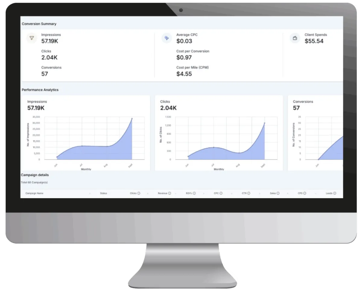 Ad manager performance dashboard on desktop screen showing impressions, clicks, conversions, and spend analytics, demonstrating the effectiveness of digital ads, targeted ads, and best small business management software.