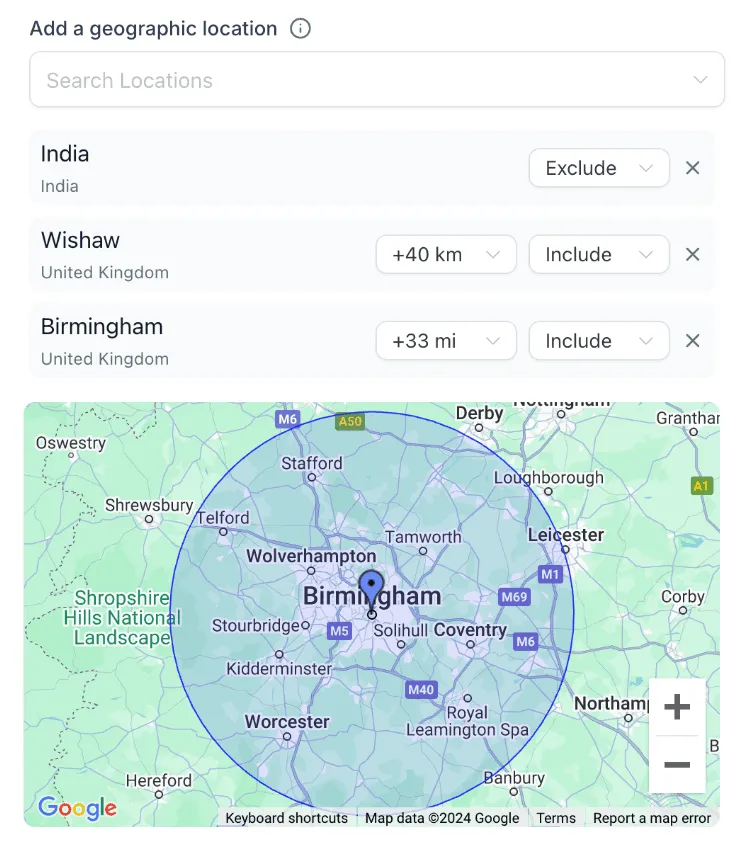 Geo-targeting setup in ad manager with map view of Birmingham and surrounding areas, illustrating how digital ads and targeted ads help small businesses reach the right audience using the best account management software.
