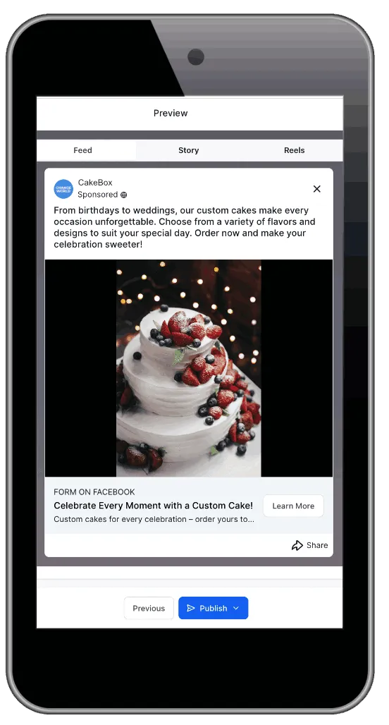 Mobile preview of a targeted ad on social media showing a custom cake promotion, highlighting the power of digital ads, ad manager tools, and inexpensive CRM solutions for small business marketing.