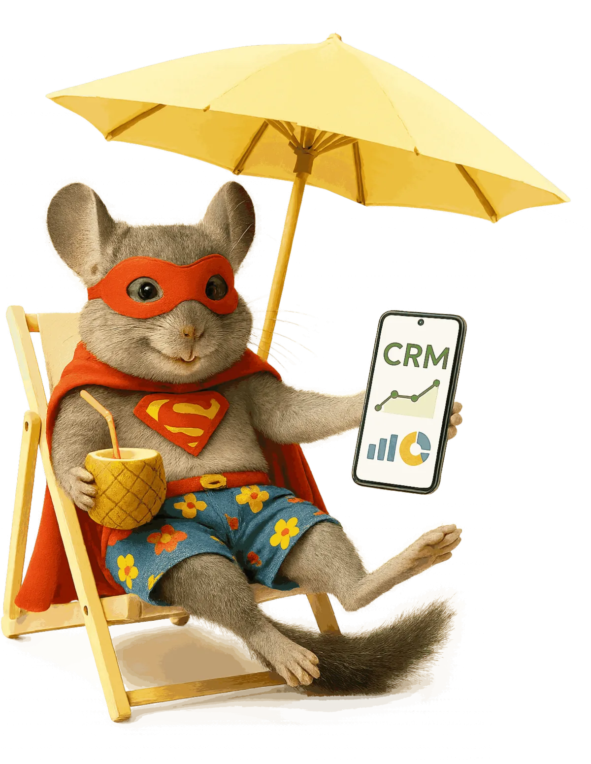 Chinchilla mascot in superhero costume holding a trophy, representing WinChilla’s all-in-one CRM and small business management software for growth and customer success.