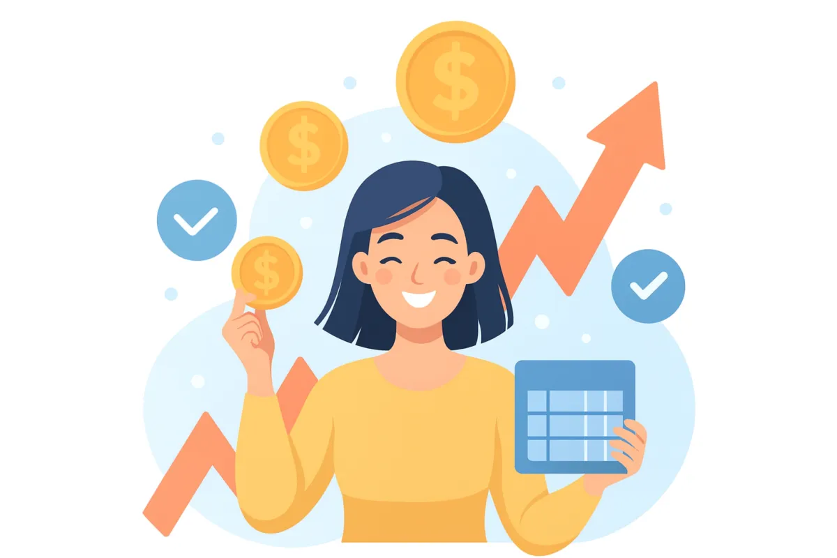 Happy affiliate marketer holding coins and a calendar with growth icons, representing recurring commissions and monthly payouts from one of the best recurring affiliate programs and best paying affiliate programs for small business CRM and marketing automation software.
