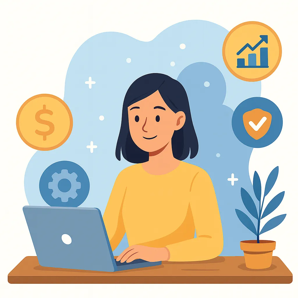 Affiliate marketer smiling at laptop with icons of growth, trust, and efficiency, showcasing why affiliates love WinChilla as one of the best recurring affiliate programs, offering inexpensive CRM, small business management software, and marketing automation tools.