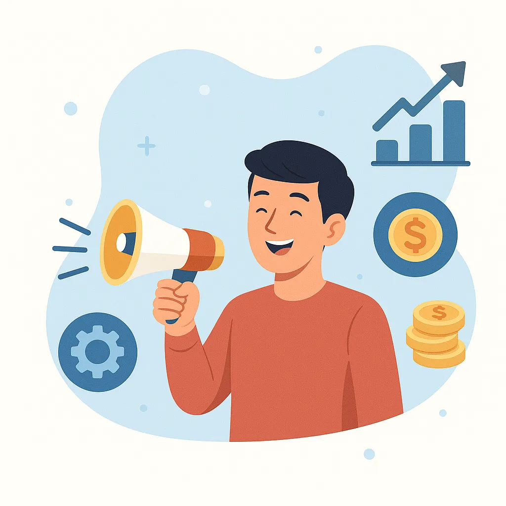 Smiling affiliate holding a megaphone surrounded by coins, growth chart, and gear icons, symbolizing recurring affiliate commissions, CRM software, and one of the best affiliate programs for small business management and marketing automation.