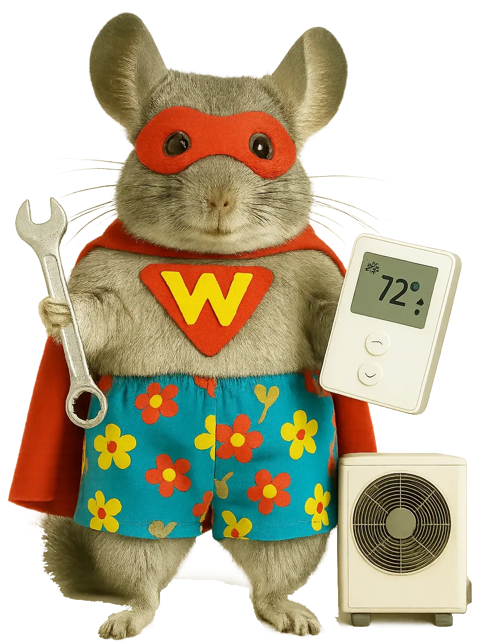 WinChilla’s superhero chinchilla mascot holds a wrench and thermostat beside an outdoor AC unit, representing HVAC management software.
