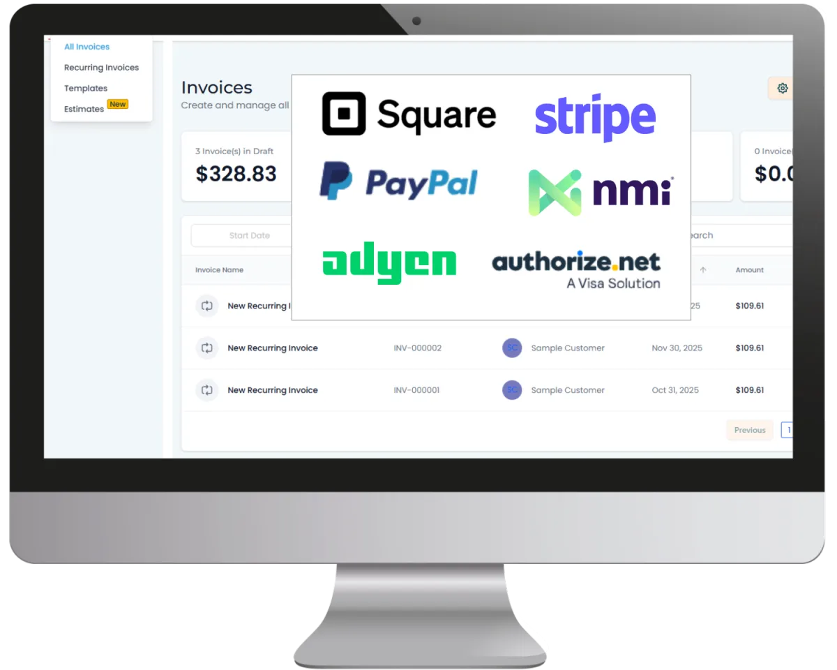 Mobile POS invoice example on smartphone screen with branded invoice and credit card payment processing for small business.