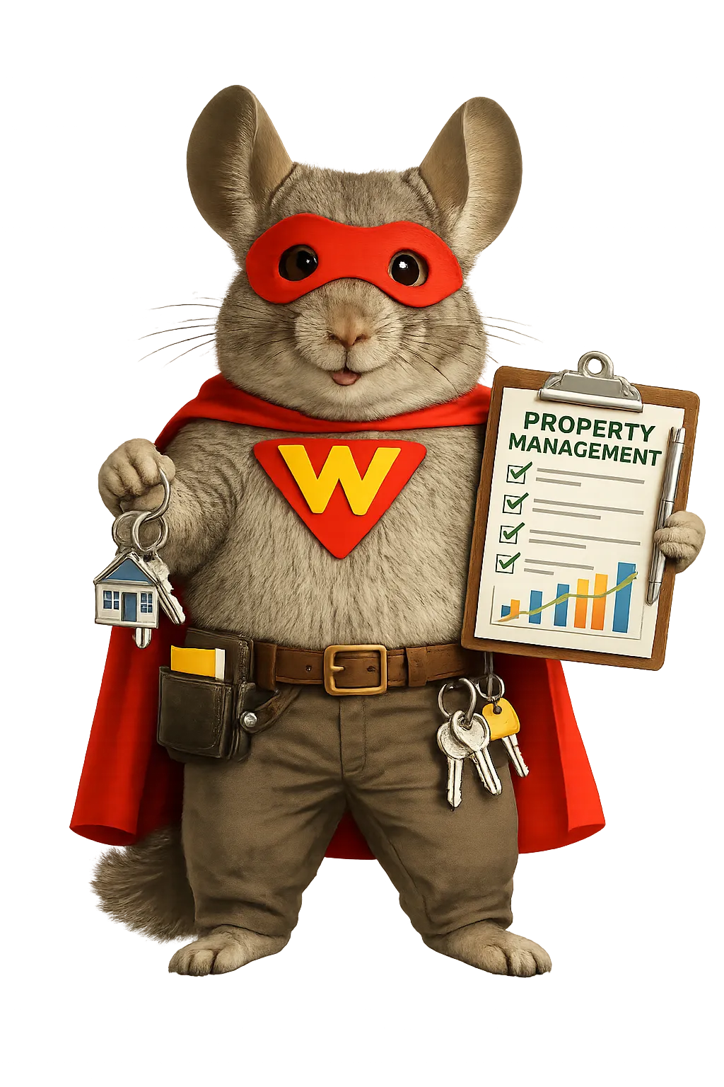 Superhero mascot holding house keys and a clipboard labeled 'Property Management' with a checklist and growth chart, representing a property management CRM.