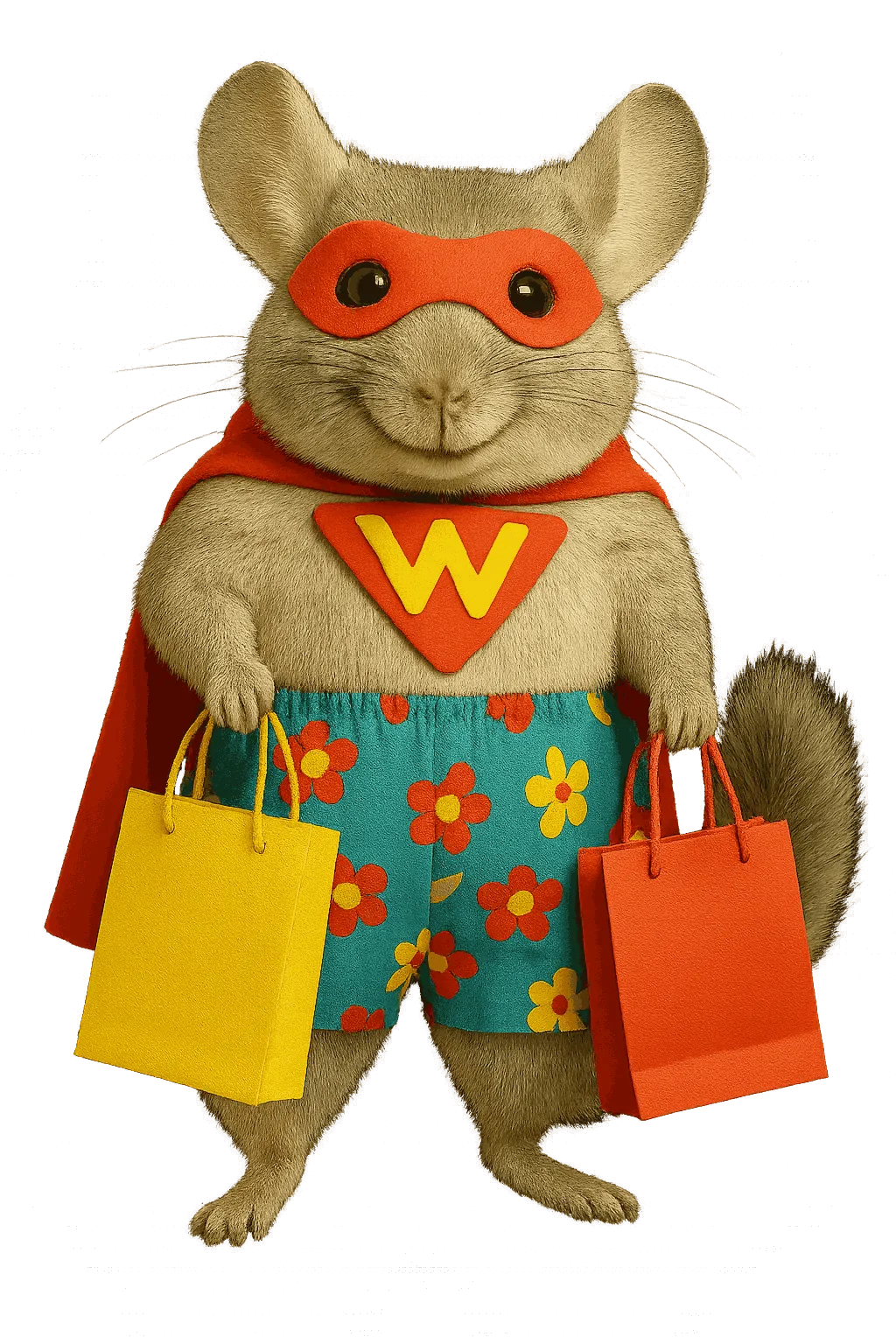 Superhero chinchilla wearing a red cape and mask holding shopping bags, representing chamber of commerce software.