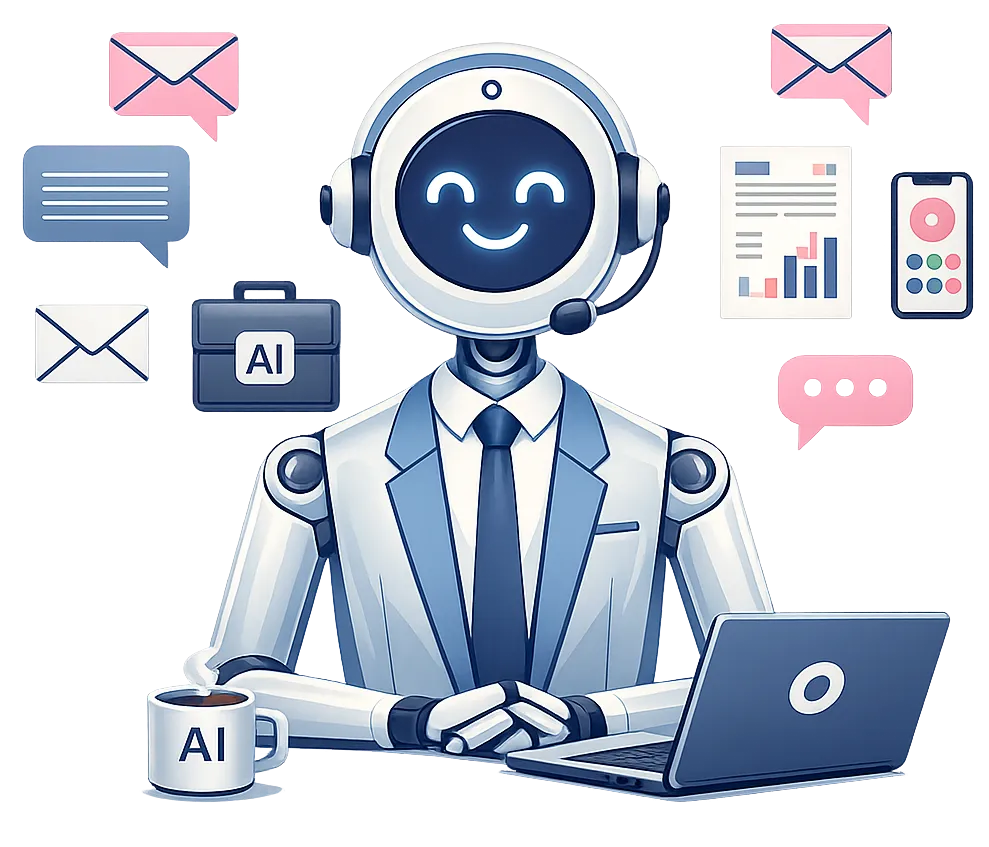 AI virtual employee assistant handling emails, calls, and customer service tasks on a laptop with business automation tools