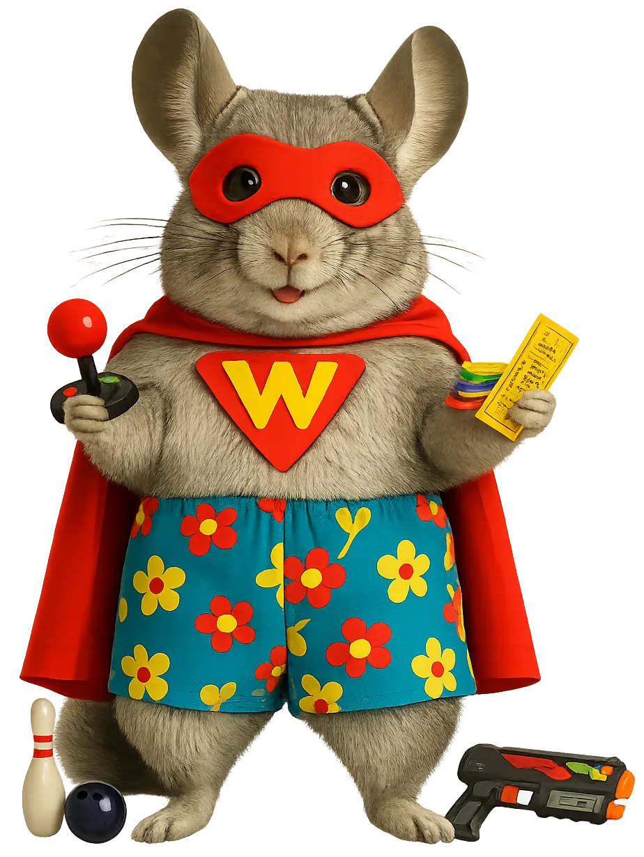 WinChilla superhero mascot holding arcade tickets and games for family entertainment center marketing.