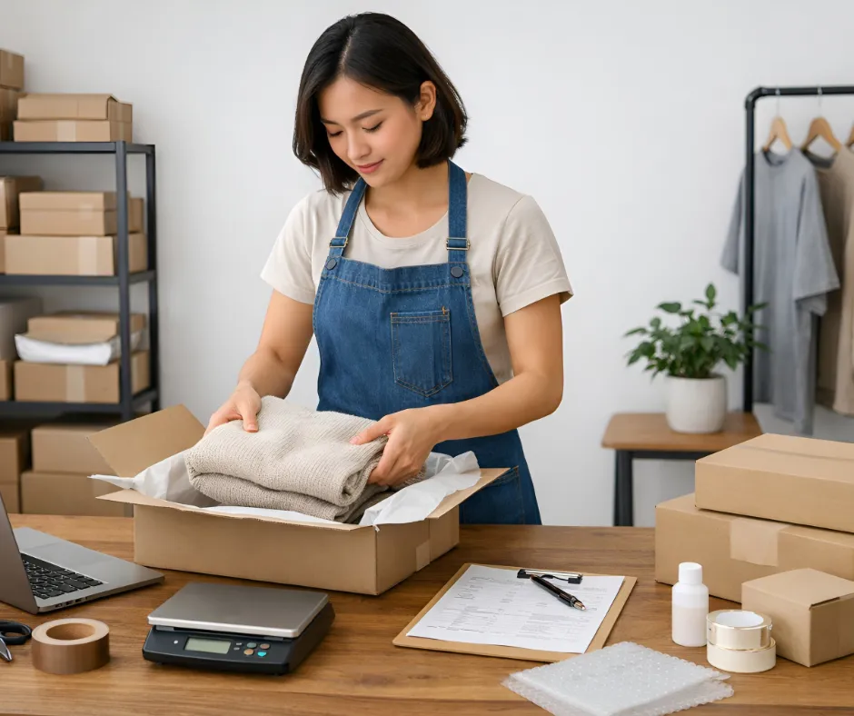 small business owner packing boxes for shipping to customers