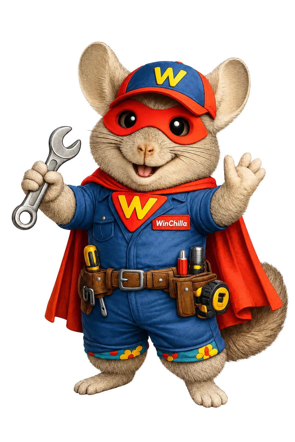WinChilla mascot dressed as a superhero mechanic holding a wrench for auto repair marketing and customer follow-up software